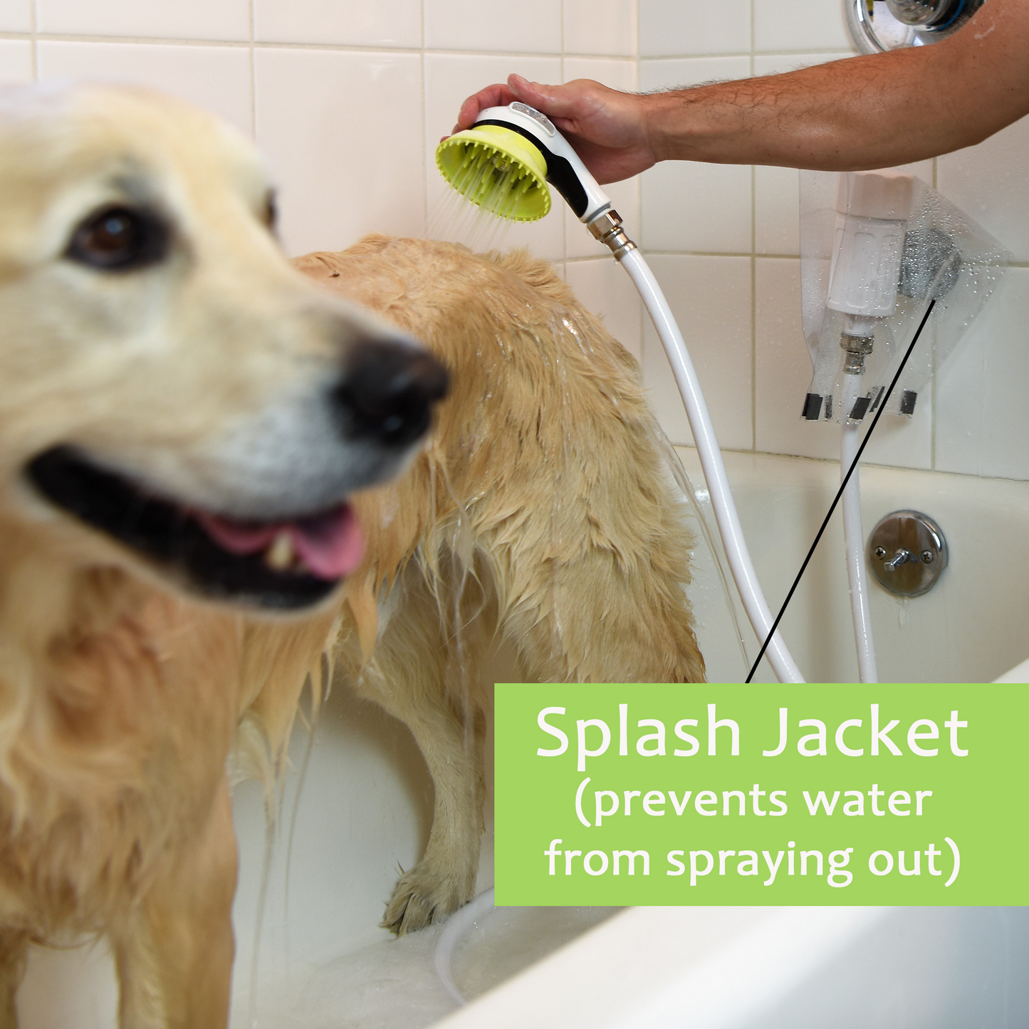 Wondurdog LARGE SIZED Bathtub Spout and Garden Hose Attachment Dog Wash Kit w/Splash Shield and Rubber Scrubbing Teeth. Tub Spouts with Front Pull Up Diverter Only. Spout Height 2.75" - 3.20".