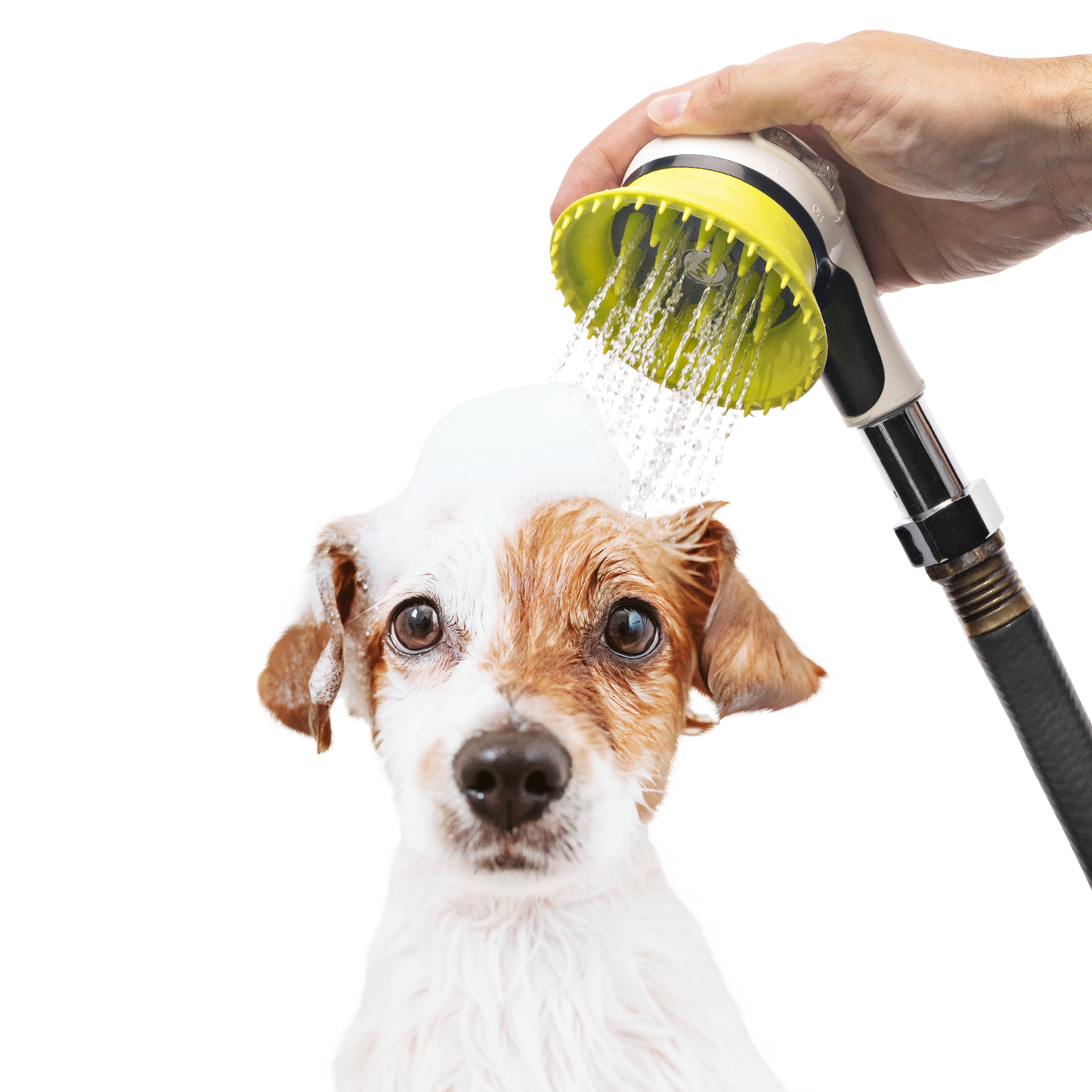 Wondurdog Dog Wash Garden Hose Nozzle. Splash Shield Handle and Rubber Grooming Teeth with Metal Connector and Water Pressure Control.