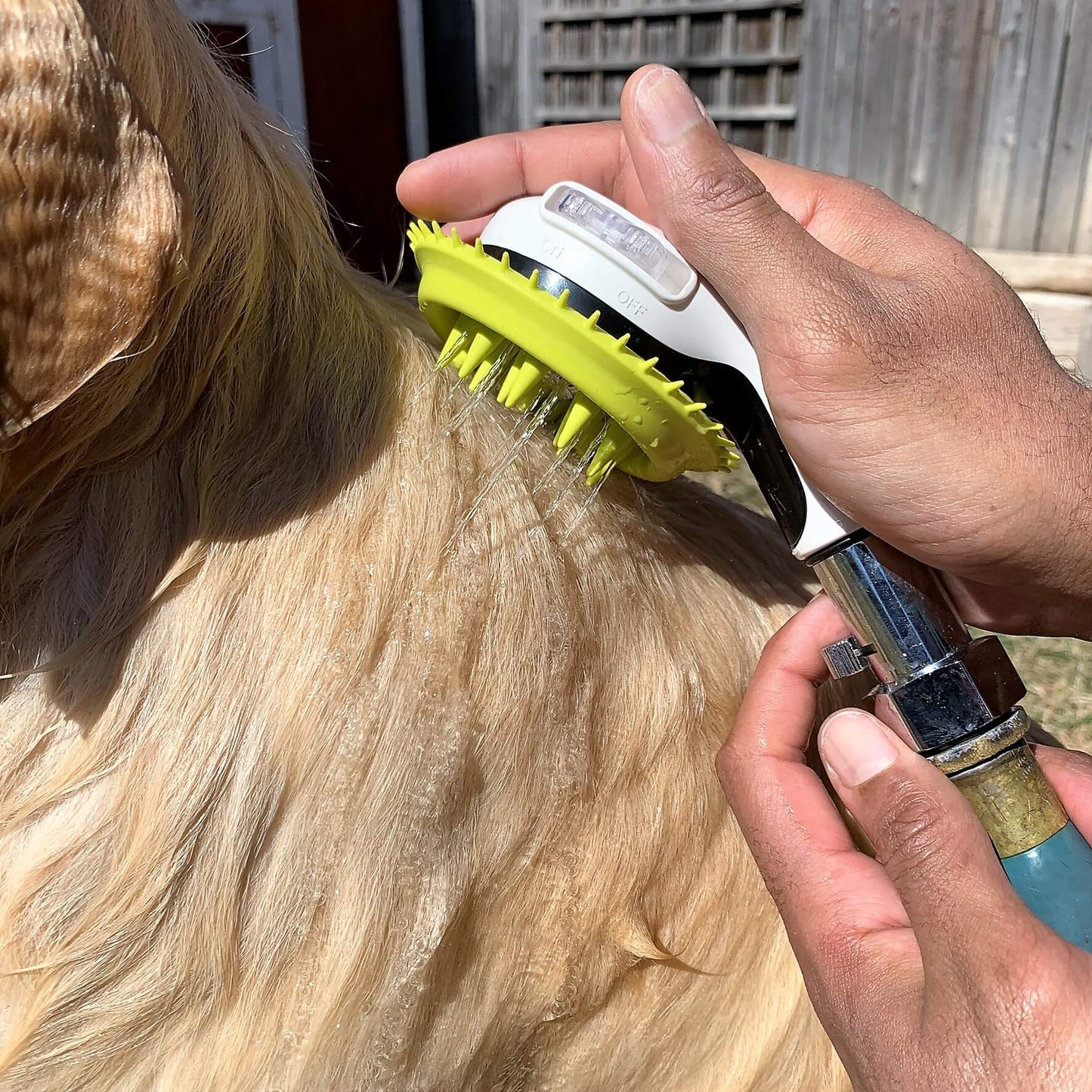 Wondurdog Dog Wash Garden Hose Nozzle. Splash Shield Handle and Rubber Grooming Teeth with Metal Connector and Water Pressure Control.
