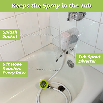 Wondurdog Bathtub Spout Dog Wash Kit with Splash Shield Brush and 6 ft Hose, Also Connects to a Garden Hose (Fits Spouts up to 2.8 in Tall)