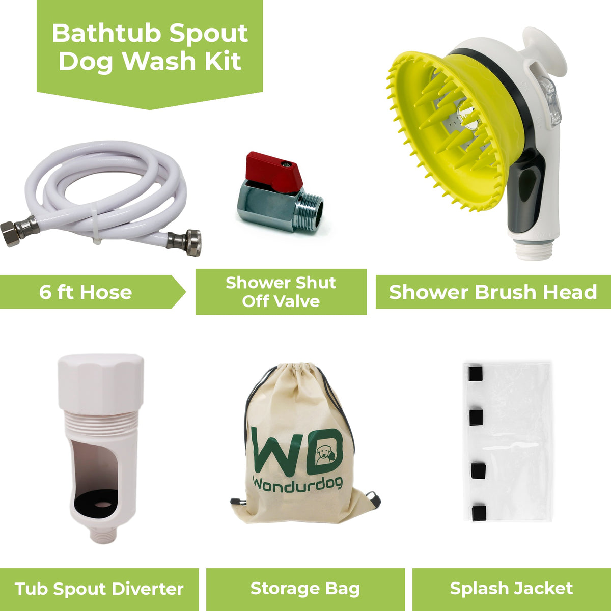 Wondurdog Bathtub Spout Dog Wash Kit with Splash Shield Brush and 6 ft Hose, Also Connects to a Garden Hose (Fits Spouts up to 2.8 in Tall)