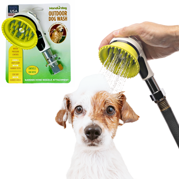 Wondurdog Dog Wash Garden Hose Nozzle. Splash Shield Handle and Rubber Grooming Teeth with Metal Connector and Water Pressure Control.