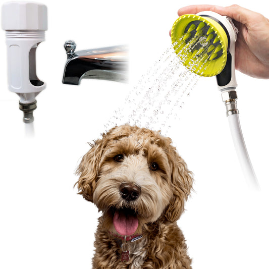 Wondurdog Bathtub Spout Dog Wash Kit with Splash Shield Brush and 6 ft Hose, Also Connects to a Garden Hose (Fits Spouts up to 2.8 in Tall)