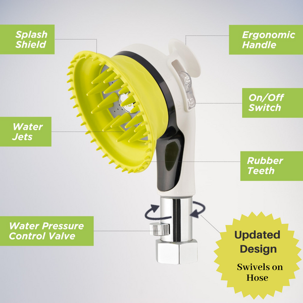 Wondurdog Dog Wash Garden Hose Nozzle. Splash Shield Handle and Rubber Grooming Teeth with Metal Connector and Water Pressure Control.