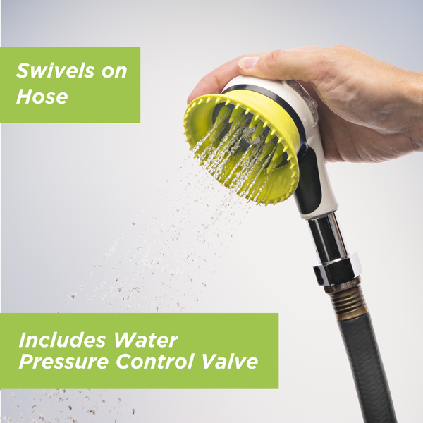 Wondurdog Dog Wash Garden Hose Nozzle. Splash Shield Handle and Rubber Grooming Teeth with Metal Connector and Water Pressure Control.