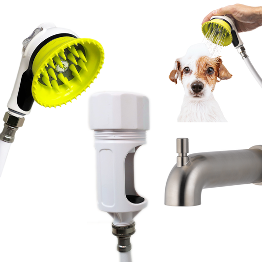 Wondurdog LARGE SIZED Bathtub Spout and Garden Hose Attachment Dog Wash Kit w/Splash Shield and Rubber Scrubbing Teeth. Tub Spouts with Front Pull Up Diverter Only. Spout Height 2.75" - 3.20".