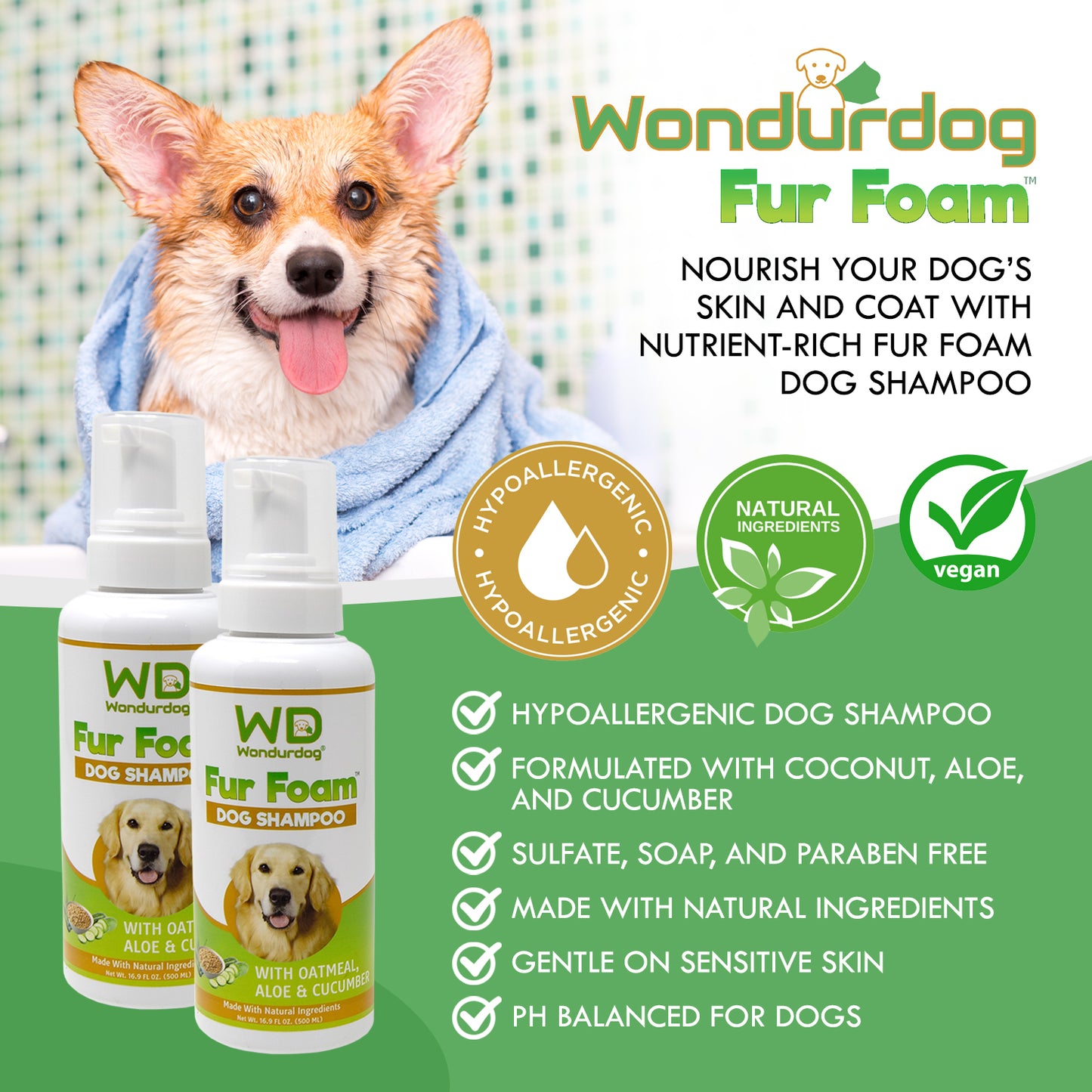 Wondurdog Fur Foam Dog Shampoo with Oatmeal, Coconut, Aloe and Cucumber