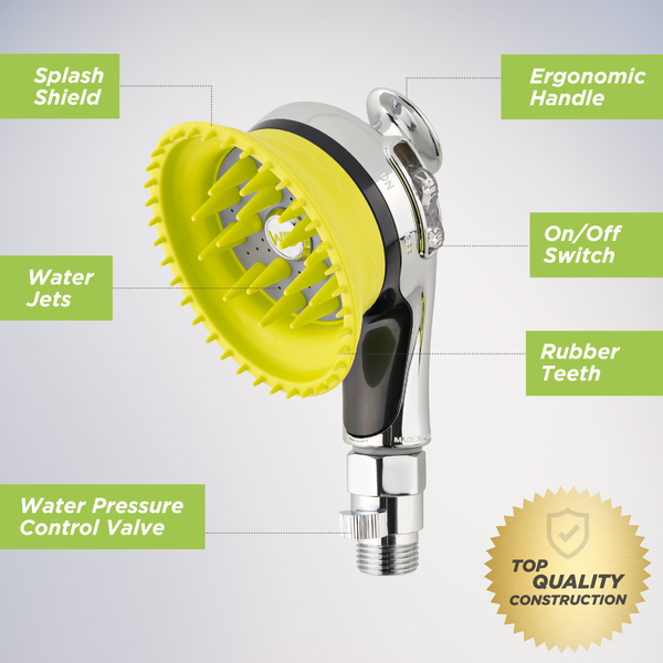 Wondurdog Deluxe Shower Brush with Rubber Grooming Teeth, Splash Shield and Water Pressure Control (*Shower Brush Only)