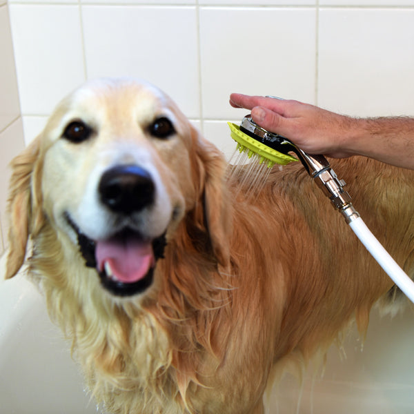 Wondurdog Deluxe Bathtub Spout and Garden Hose Attachment Dog Wash Kit w/Splash Shield and Rubber Scrubbing Teeth. Water Pressure Control Built In.