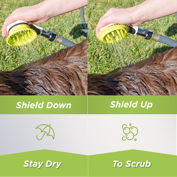 Wondurdog Dog Wash Garden Hose Nozzle. Splash Shield Handle and Rubber Grooming Teeth with Metal Connector and Water Pressure Control.