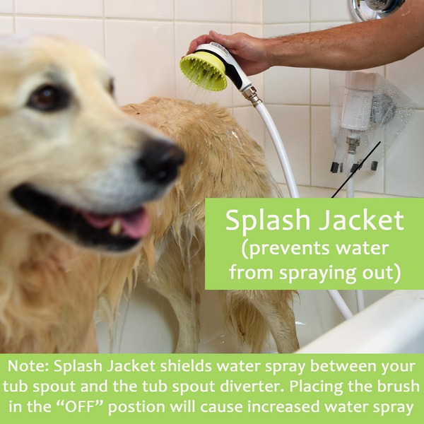 Wondurdog Bathtub Spout and Garden Hose Attachment Dog Wash Kit w/ Splash Shield and Rubber Scrubbing Teeth.