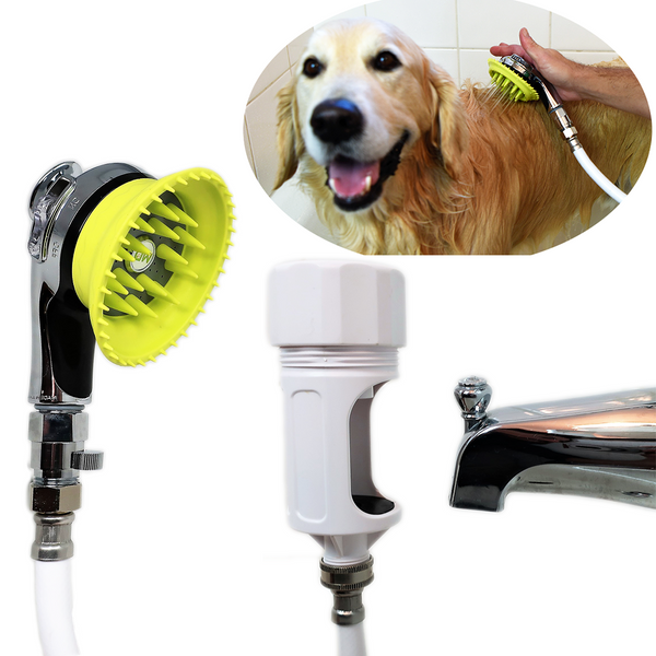 Wondurdog Deluxe Bathtub Spout and Garden Hose Attachment Dog Wash Kit w/Splash Shield and Rubber Scrubbing Teeth. Water Pressure Control Built In.