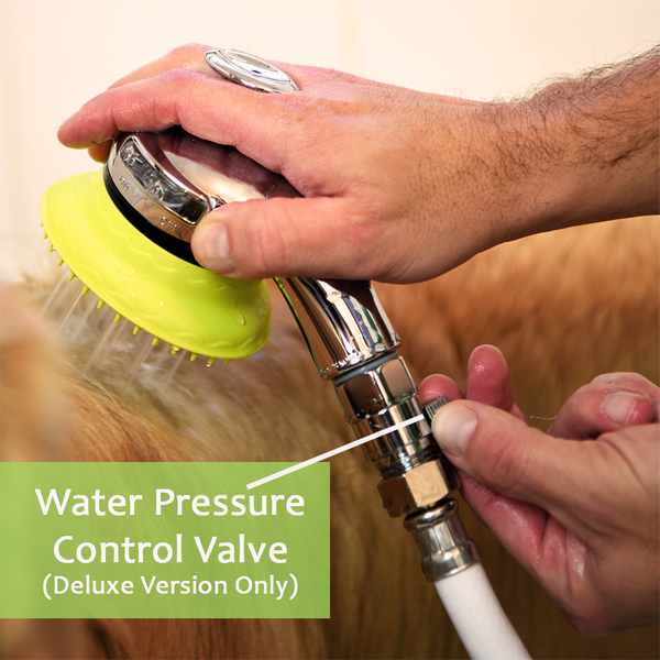 Wondurdog Deluxe Bathtub Spout and Garden Hose Attachment Dog Wash Kit w/Splash Shield and Rubber Scrubbing Teeth. Water Pressure Control Built In.