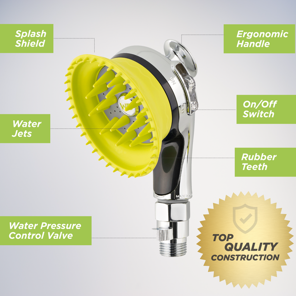 Wondurdog Deluxe Bathtub Spout and Garden Hose Attachment Dog Wash Kit w/Splash Shield and Rubber Scrubbing Teeth. Water Pressure Control Built In.