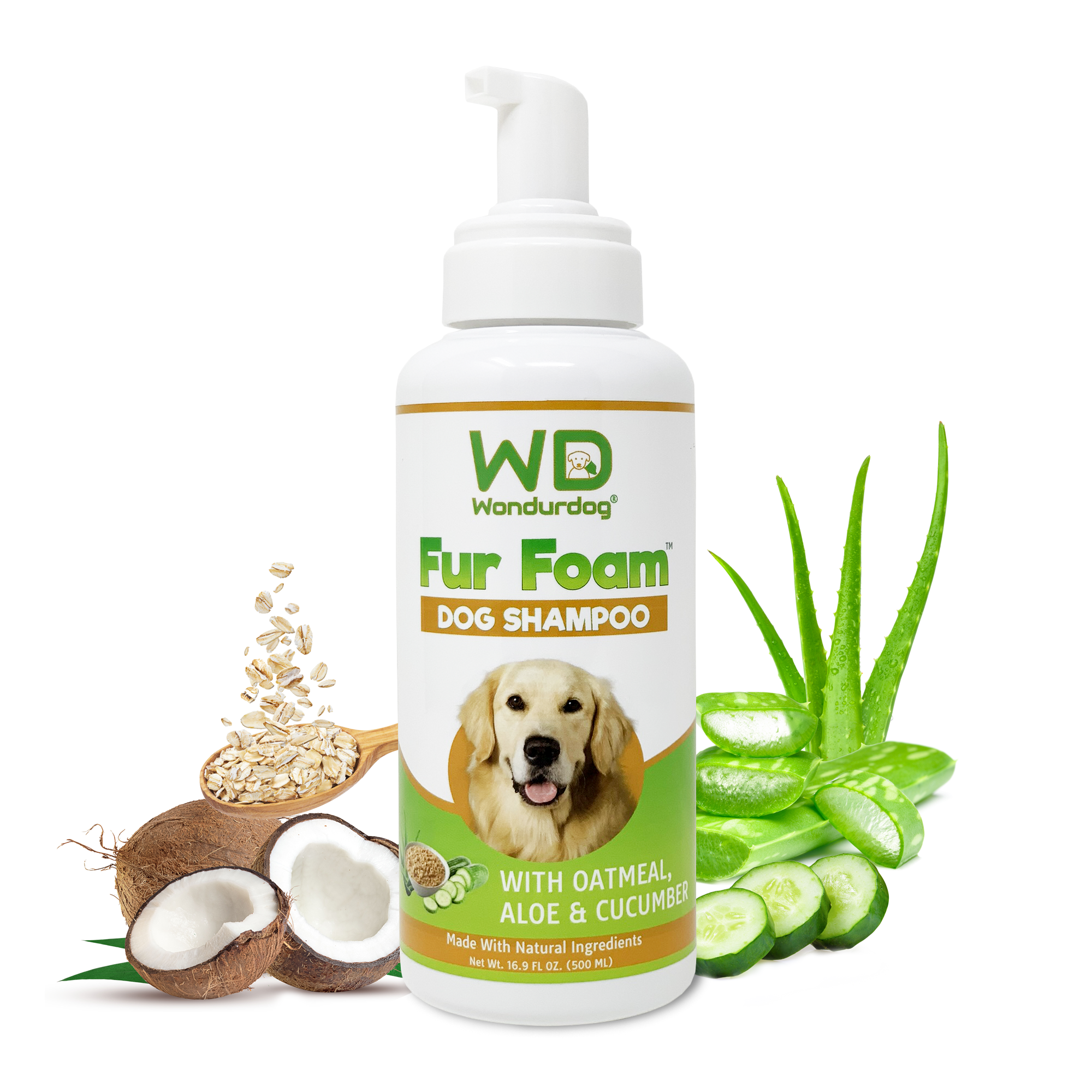 NEW!! - Wondurdog Fur Foam Dog Shampoo with Oatmeal, Coconut, Aloe and Cucumber