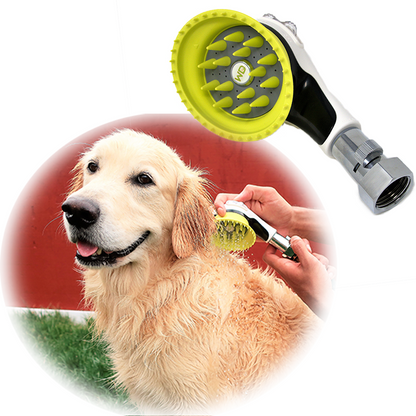 Wondurdog Dog Wash Garden Hose Nozzle. Splash Shield Handle and Rubber Grooming Teeth with Metal Connector and Water Pressure Control.