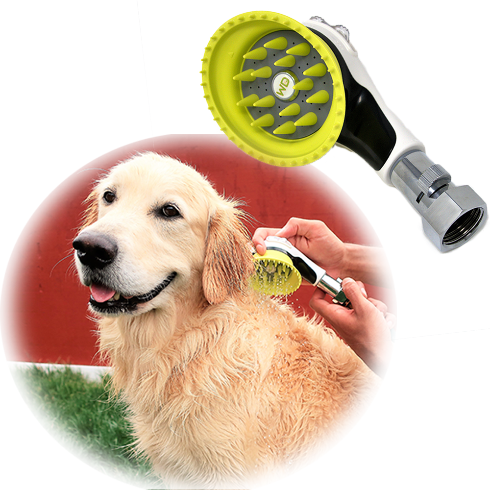 Wondurdog Garden Hose Attachment For Dog Washing. Splash Guard Handle and Rubber Grooming Teeth with Metal Connector and Water Pressure Control.