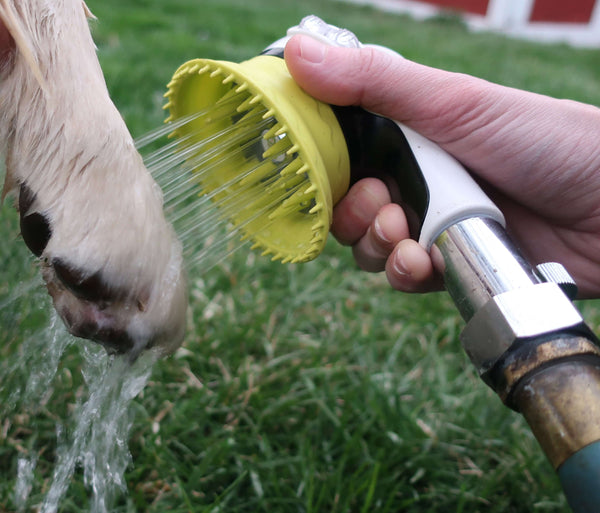 Wondurdog Dog Wash Garden Hose Nozzle. Splash Shield Handle and Rubber Grooming Teeth with Metal Connector and Water Pressure Control.